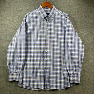 Scott Barber Button Down Shirt Men's XL Blue/Brown Plaid Adjustable Cuff Casual
